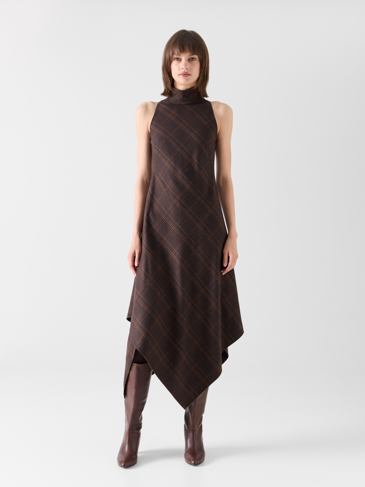Designer Halter Midi Dress in Check Flannel - brown #editorial