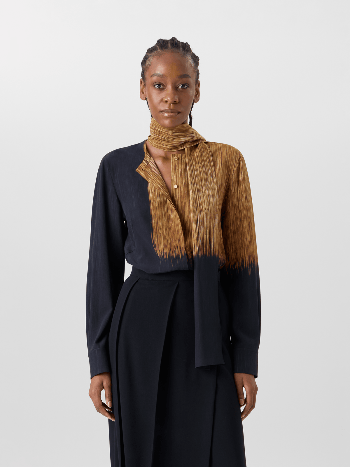 Designer Silk Blouse in Oro Lienzo Print with Scarf - brown - black - multicolor #editorial