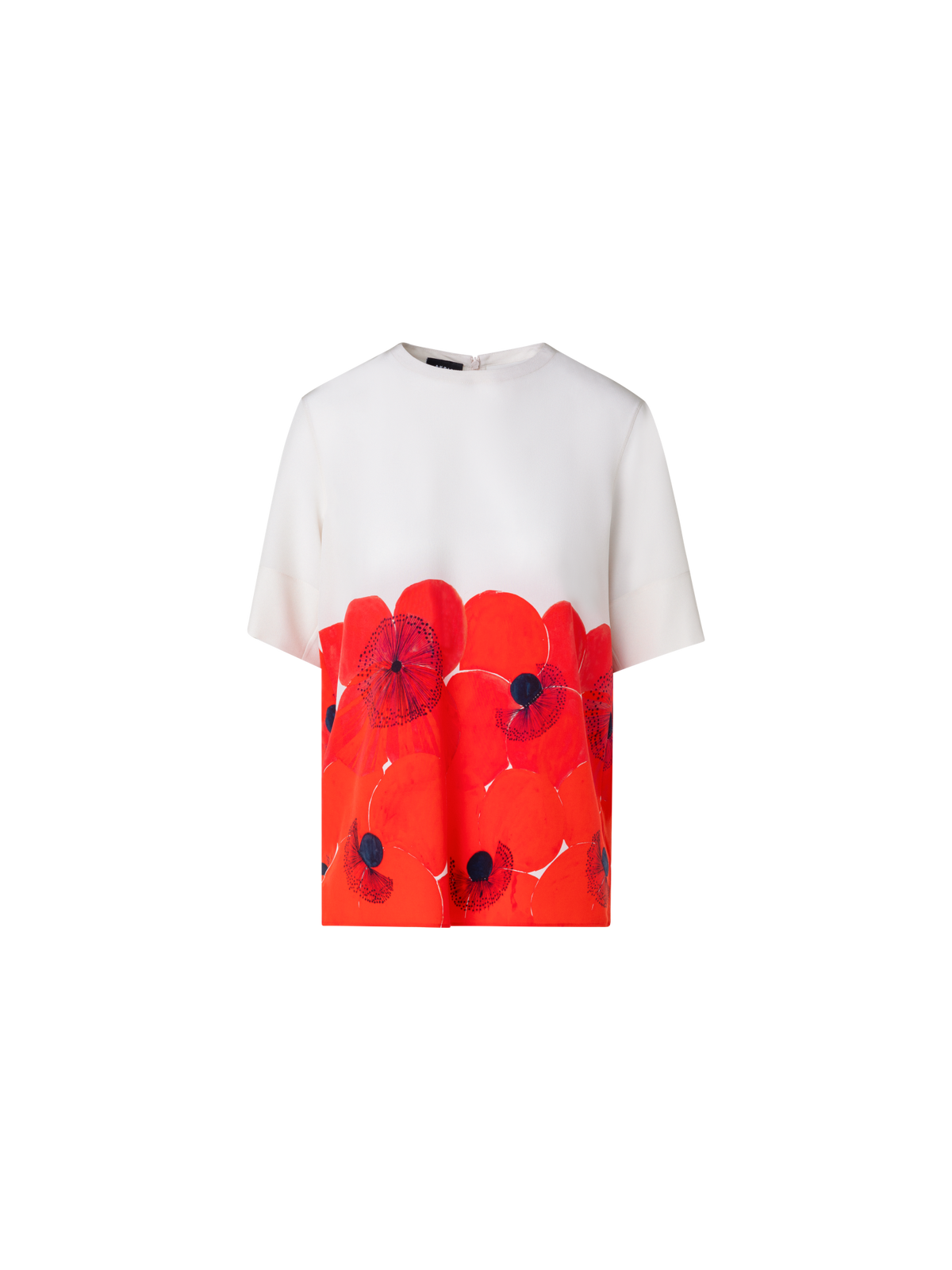 Designer Silk T-Shirt Blouse with Poppy Print - red