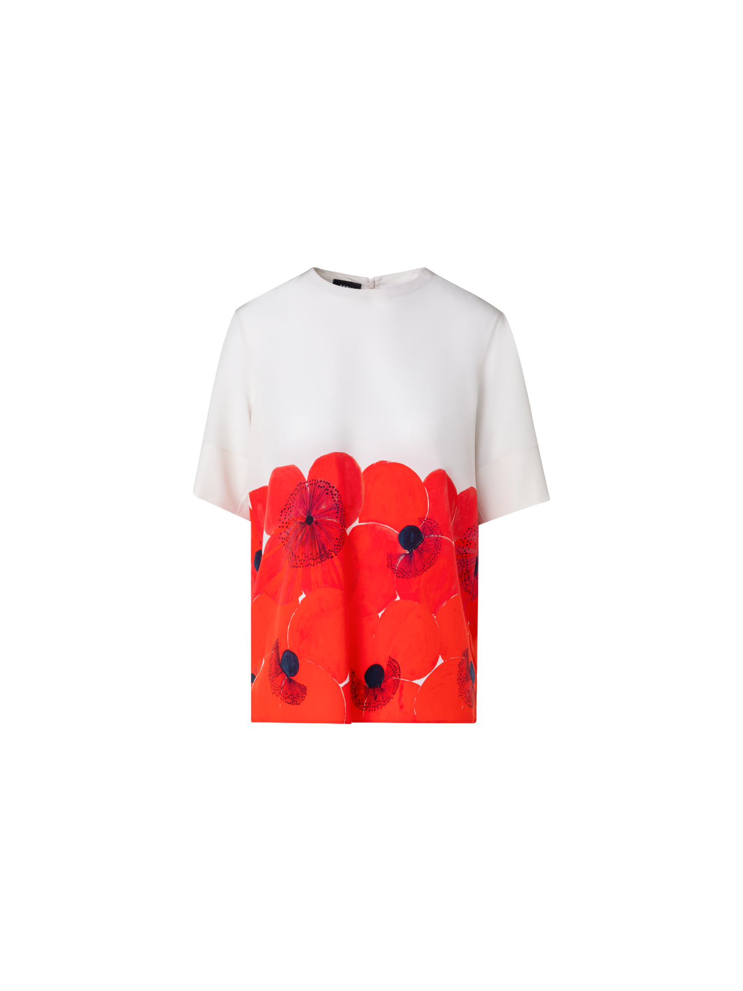 Designer Silk T-Shirt Blouse with Poppy Print - red
