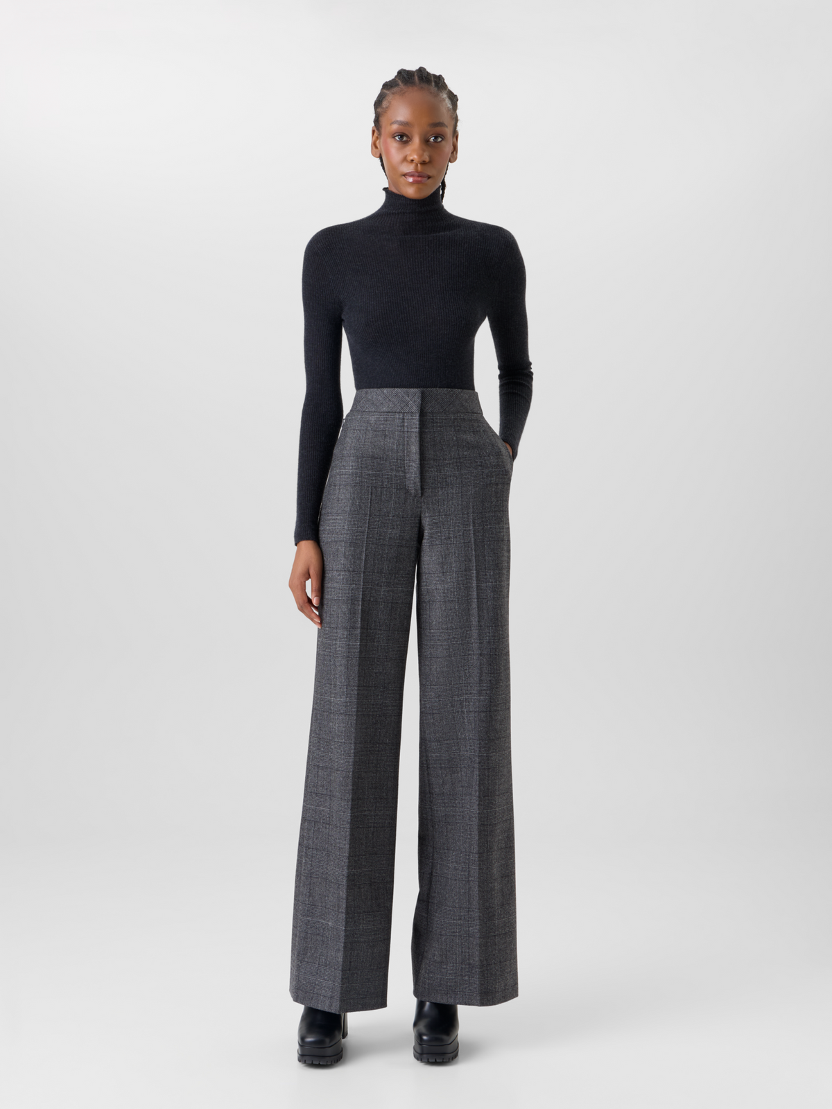 Designer Wide Leg Pants in Prince of Wales Wool Double-Face - grey - black #editorial