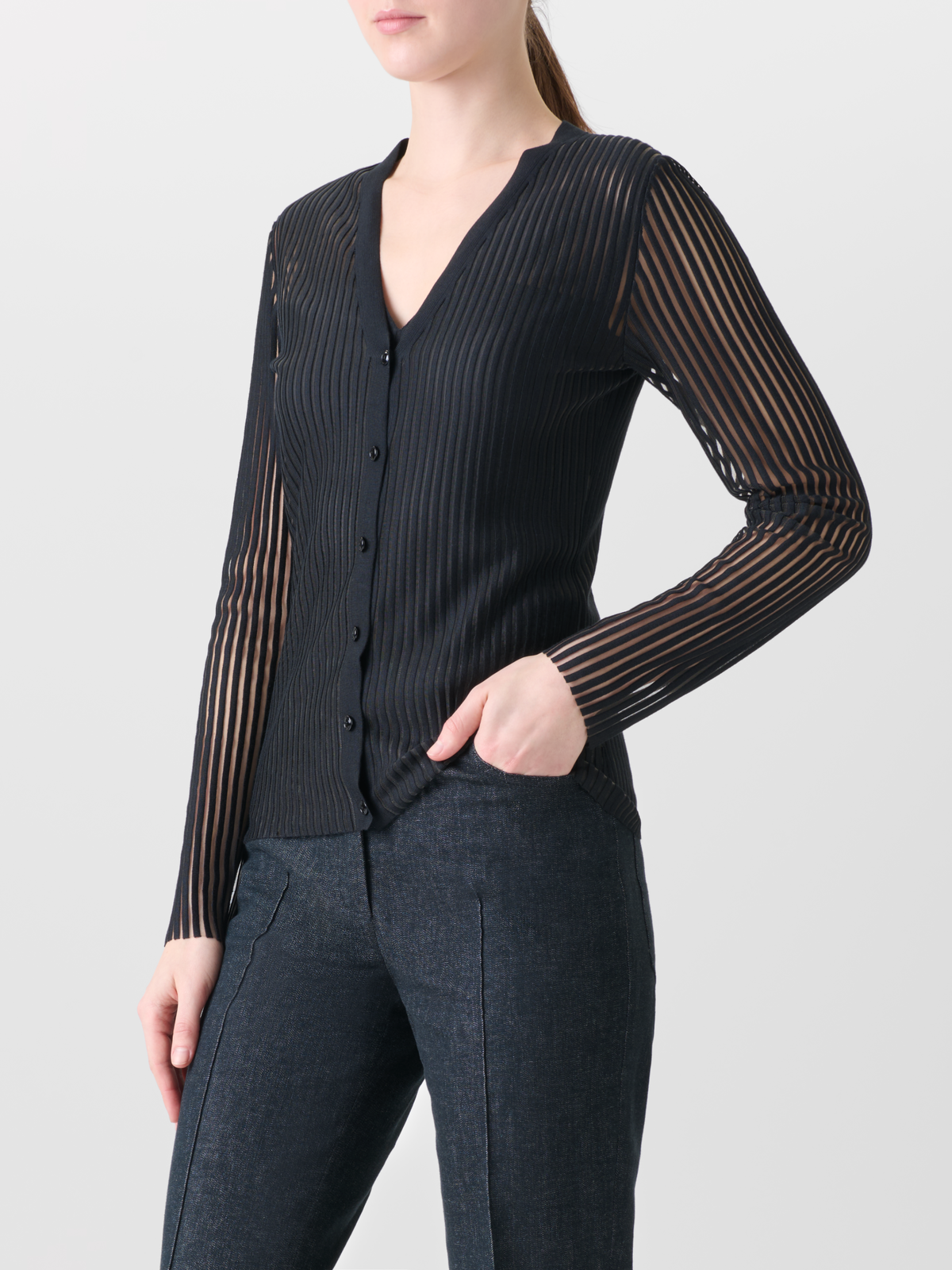 Designer Semi-Sheer Cardigan in Silk Cotton Knit - black - neutral #editorial