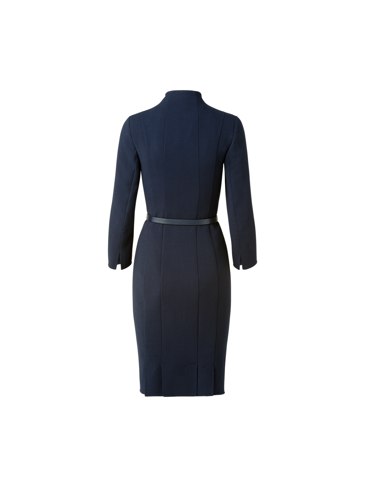 Designer 3/4 Sleeve Wool Double-Face Mock Neck Dress - navy - blue