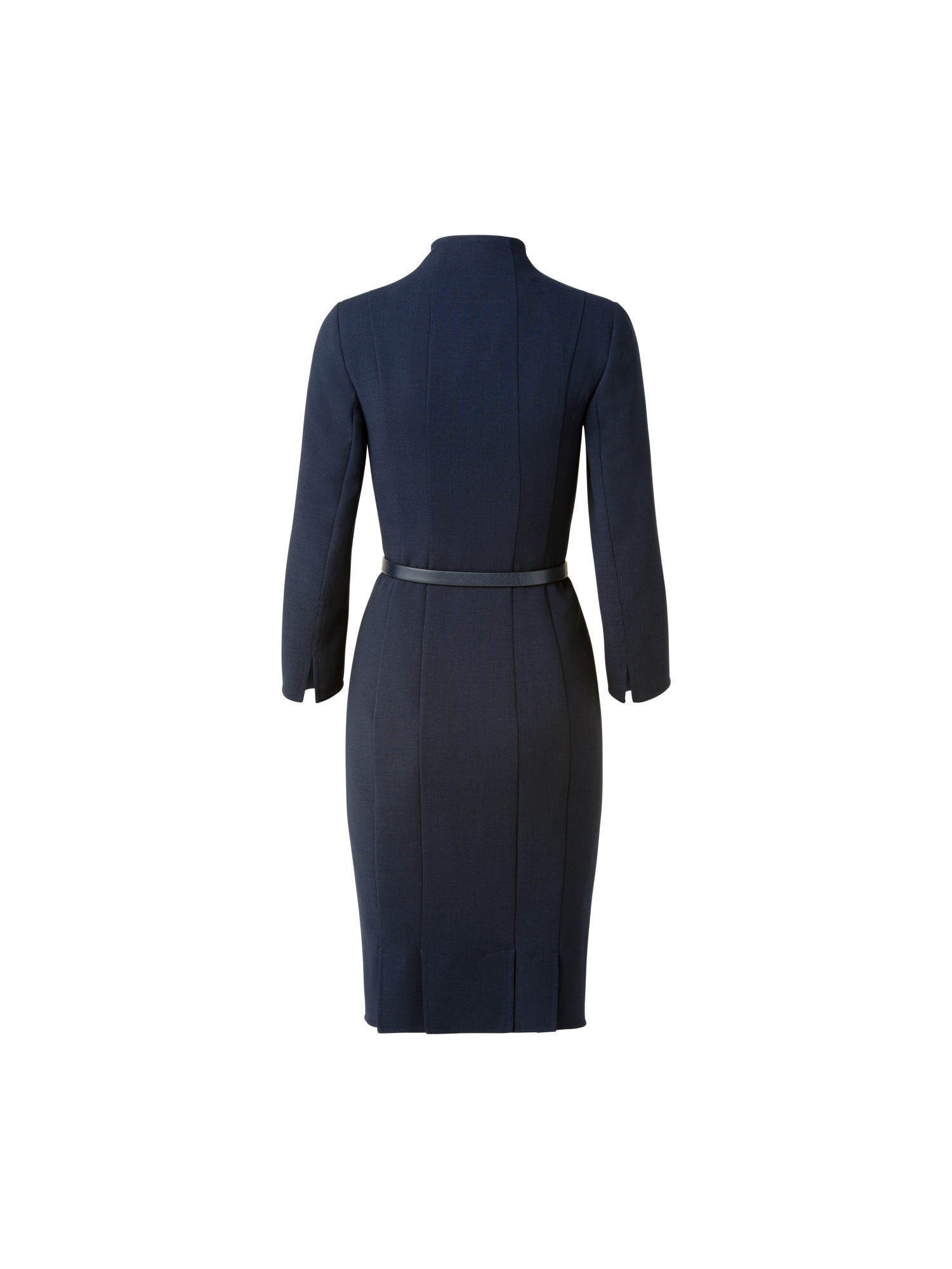 Designer 3/4 Sleeve Wool Double-Face Mock Neck Dress - navy - blue