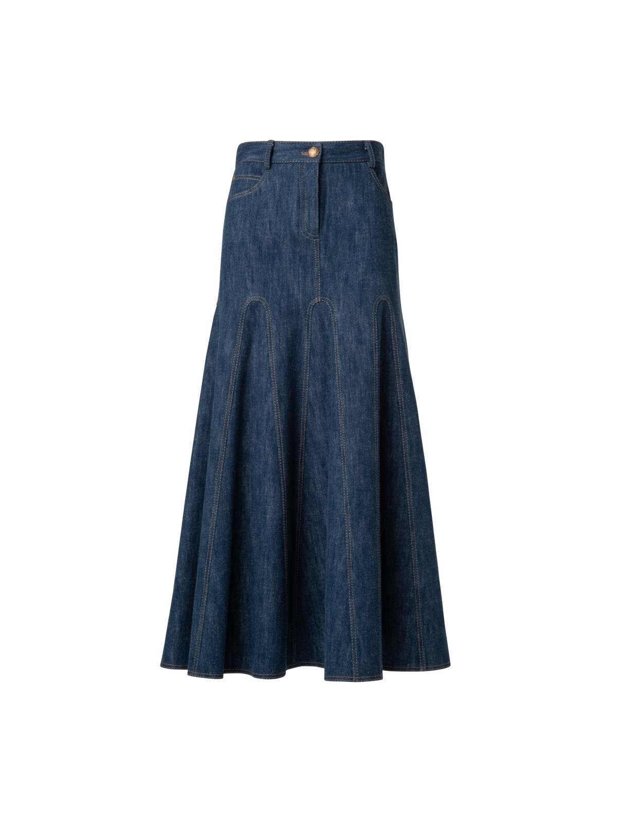 Designer Pleated Denim Midi Skirt - navy - blue