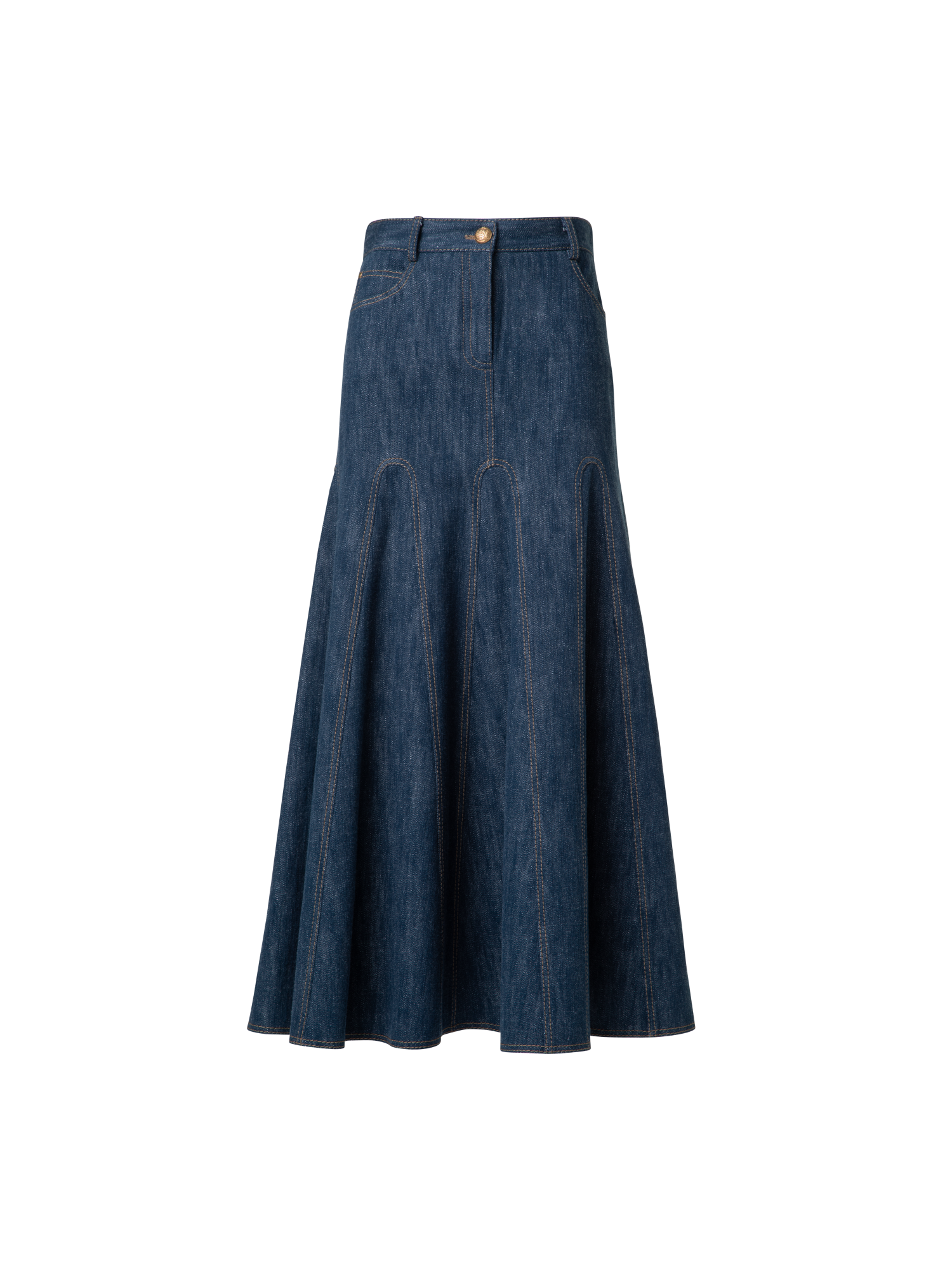Designer Pleated Denim Midi Skirt - navy - blue
