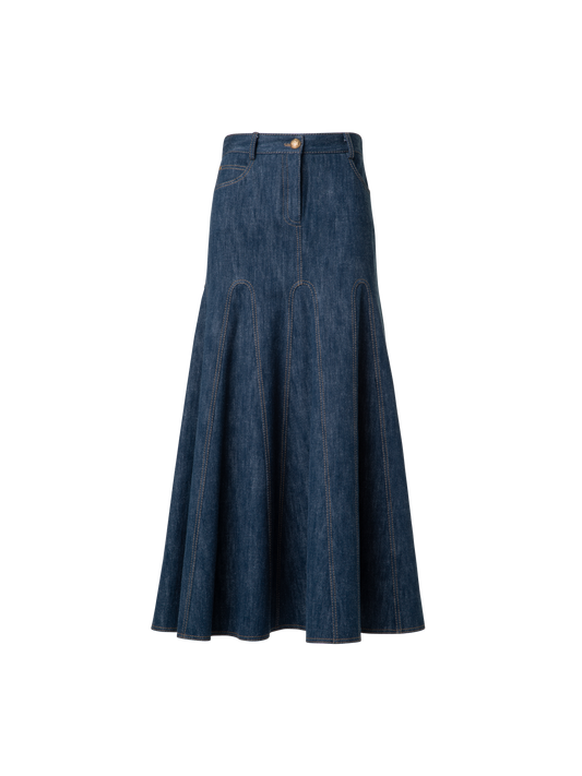 Designer Pleated Denim Midi Skirt - navy - blue