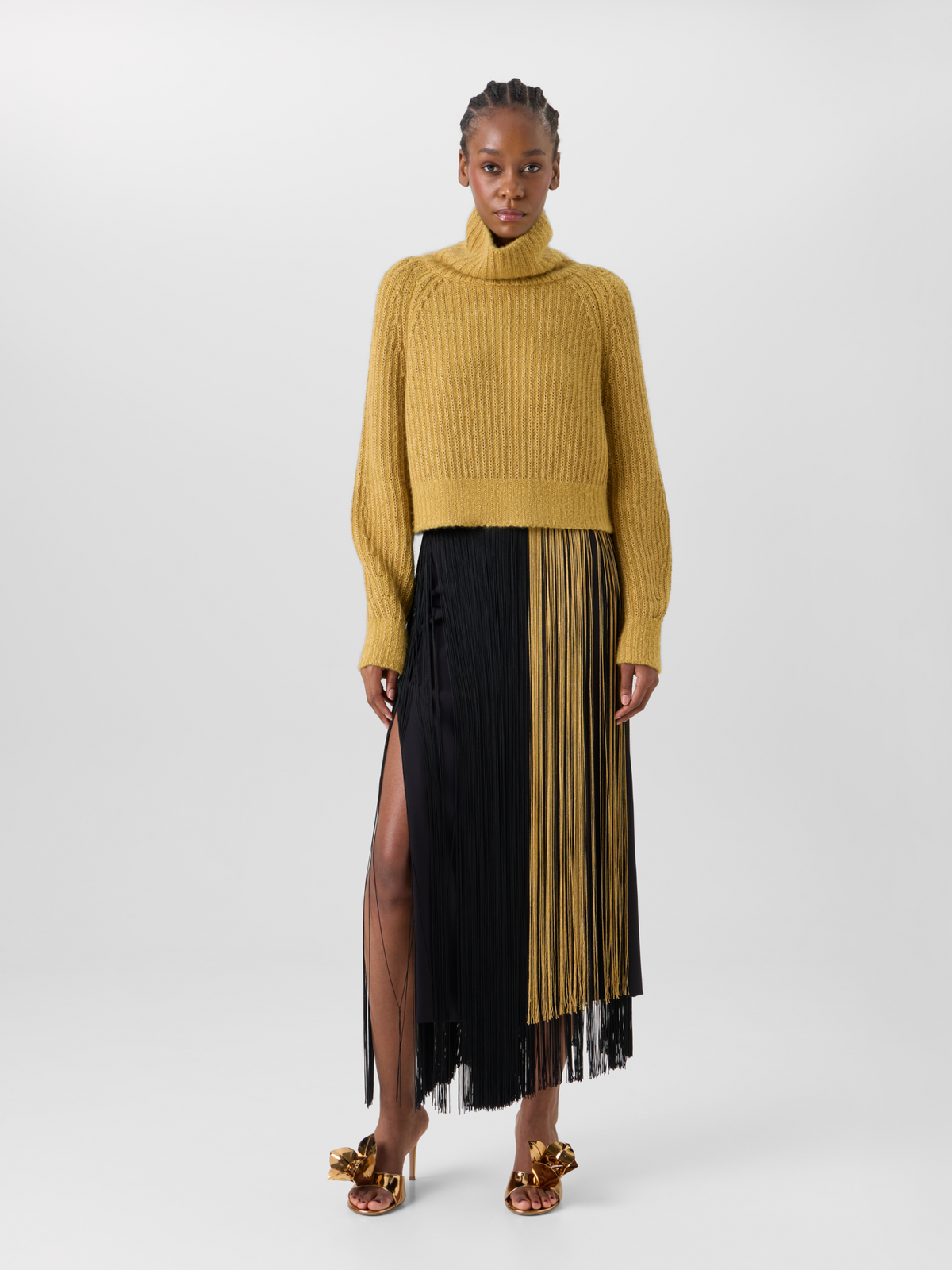 Designer Silk Pencil Skirt with Oro Lienzo Fringes - black - gold - multicolor 