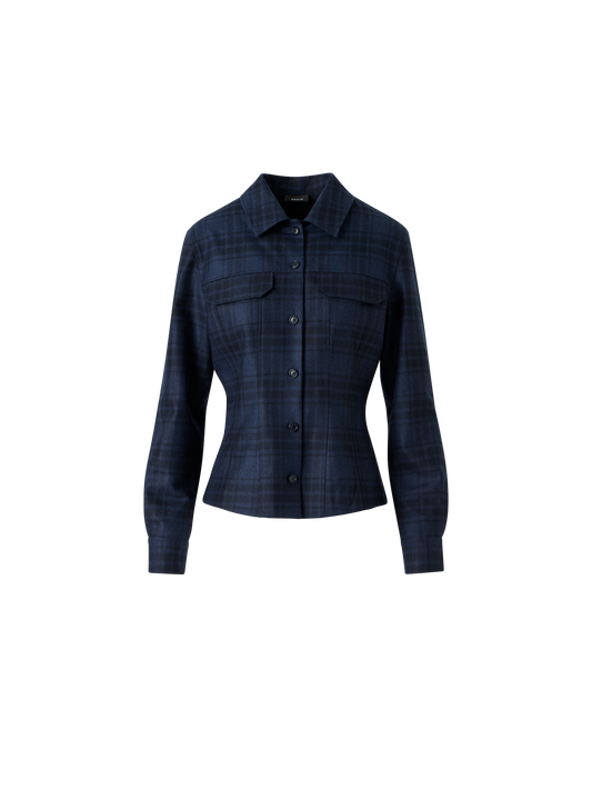 Designer Fitted Wool Flannel Plaid Shirt Blouse - neutral - navy - blue