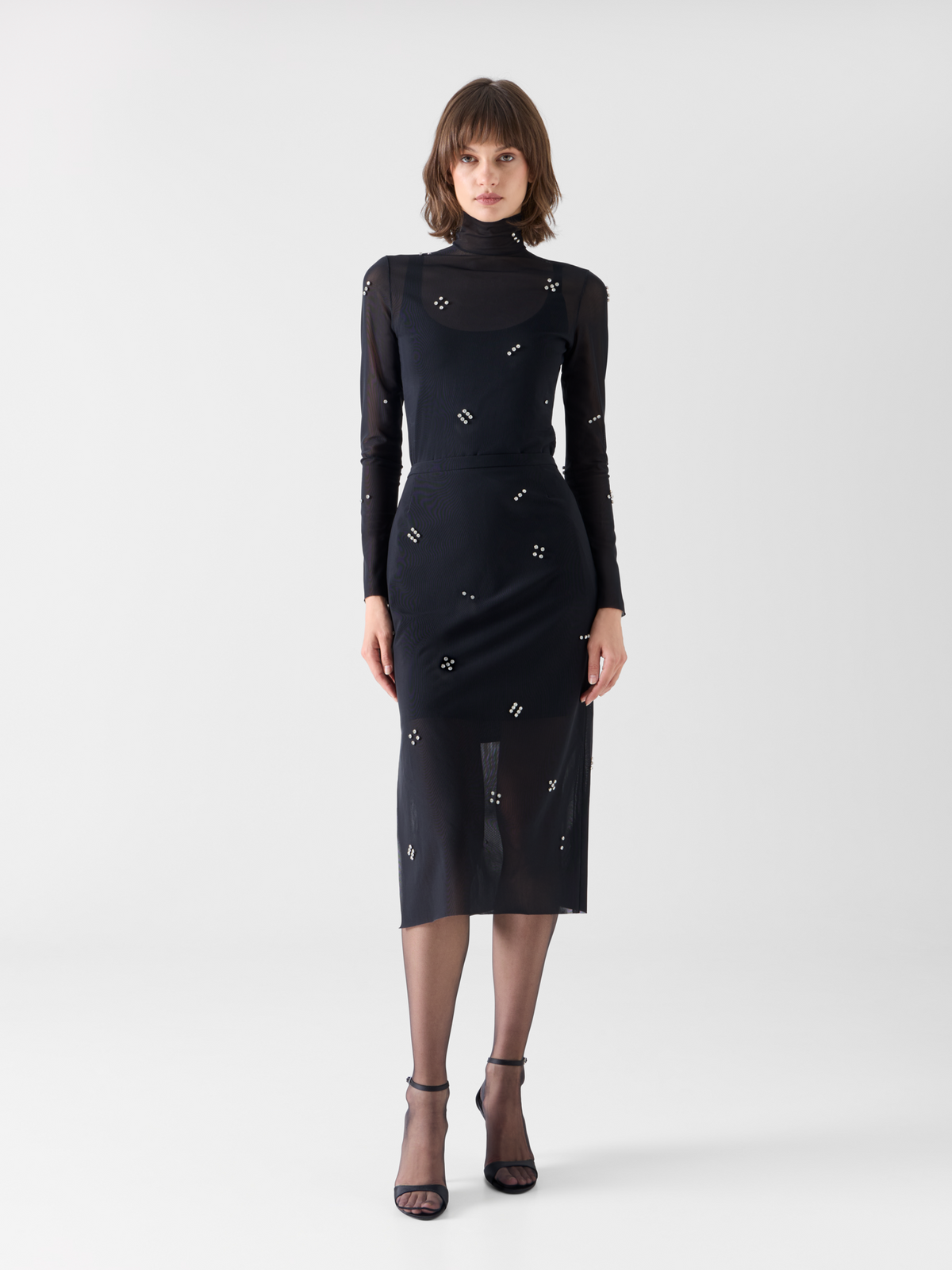 Designer Tulle Blouse with Diamond Dice Dot Embellishment - black #editorial
