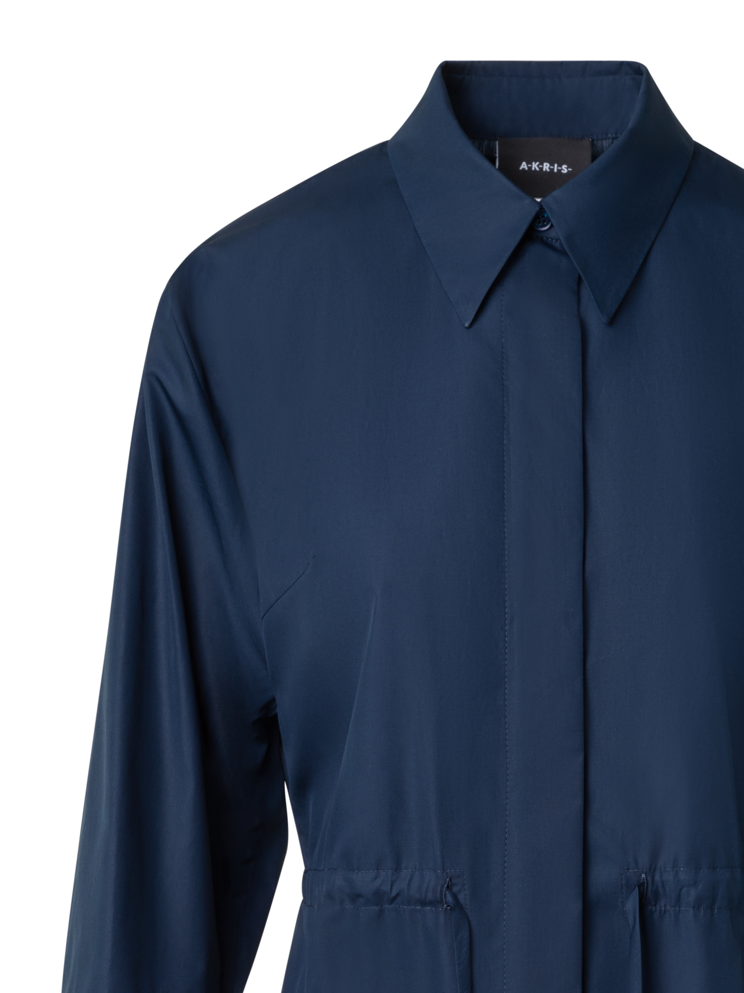 Designer Cotton Midi Shirt Dress with Drawstring - navy - blue