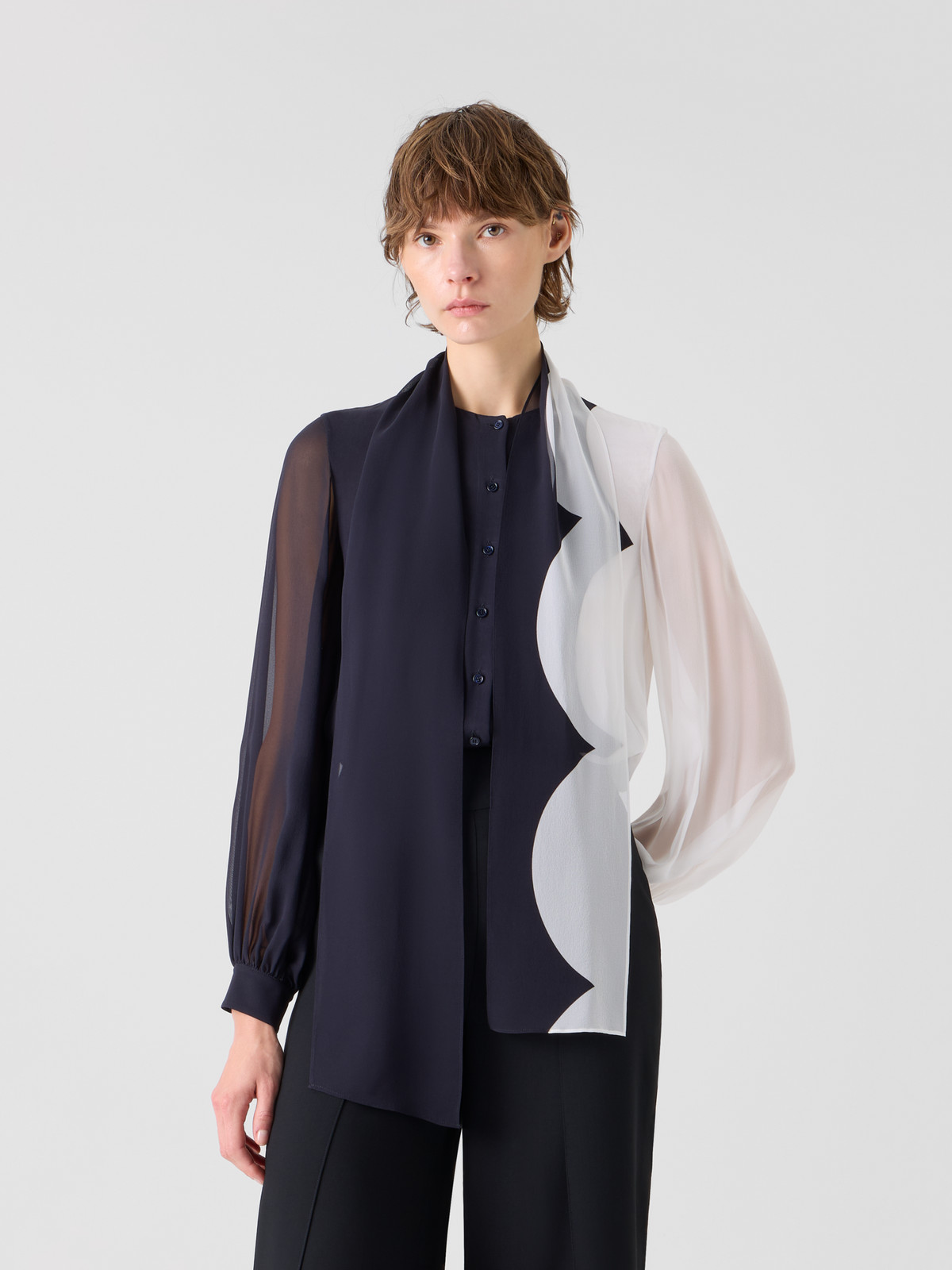 Designer Silk Blouse with Volume Sleeves - multicolor #editorial