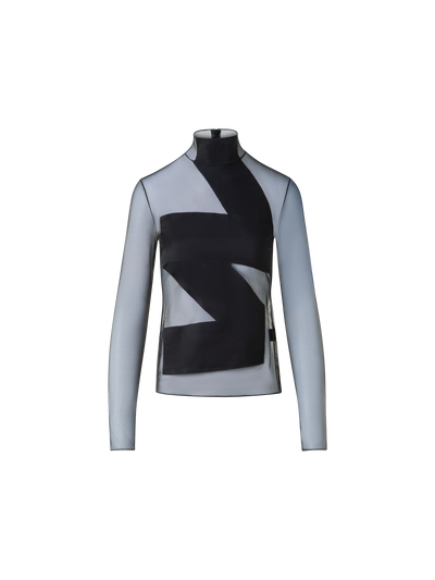 Designer Sheer Fitted Mock Neck Top with Zigzag Detail - black - neutral