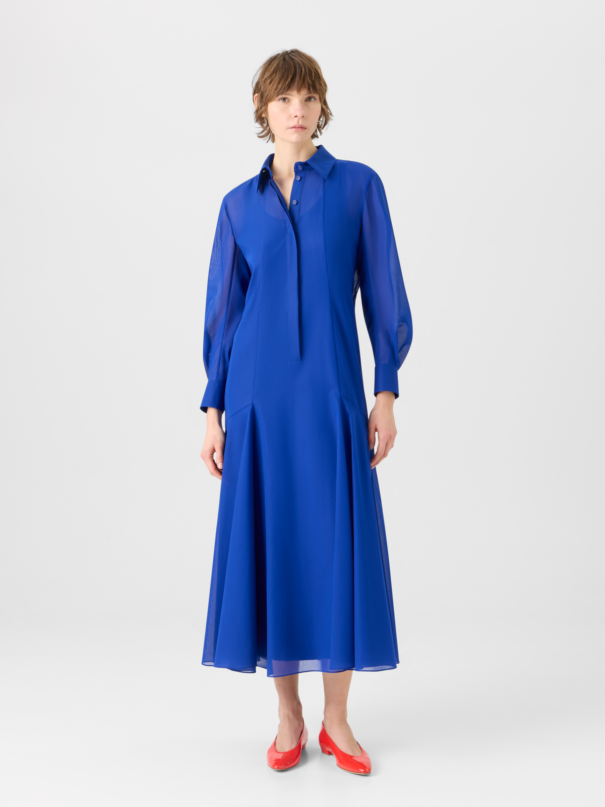 Designer Midi A-Line Dress in Cotton Voile - blue