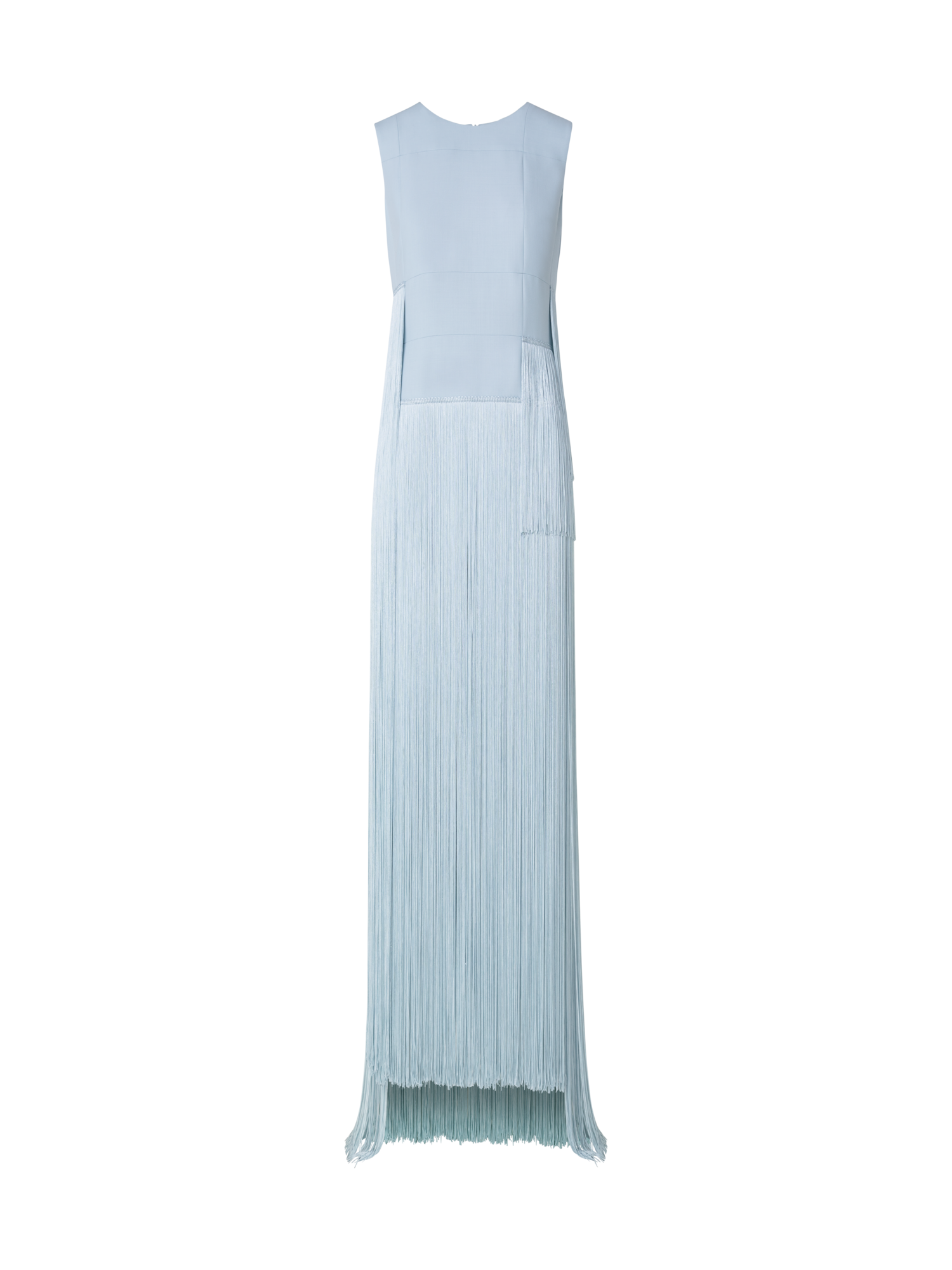 Designer Long Silk Gown with Asymmetrical Fringes - blue