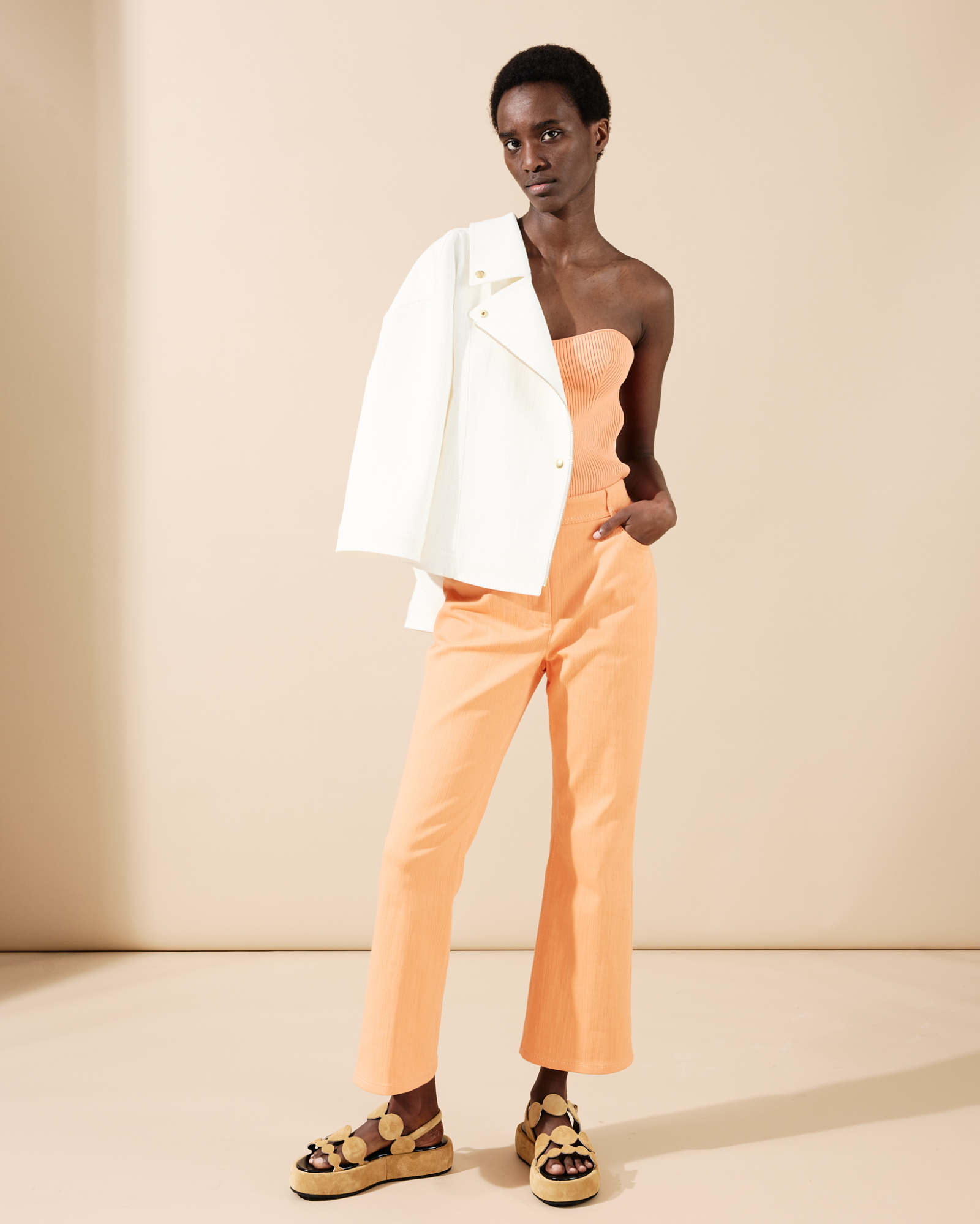 Designer Cropped Bootcut Cotton Denim Stretch Pants - pastel - orange 