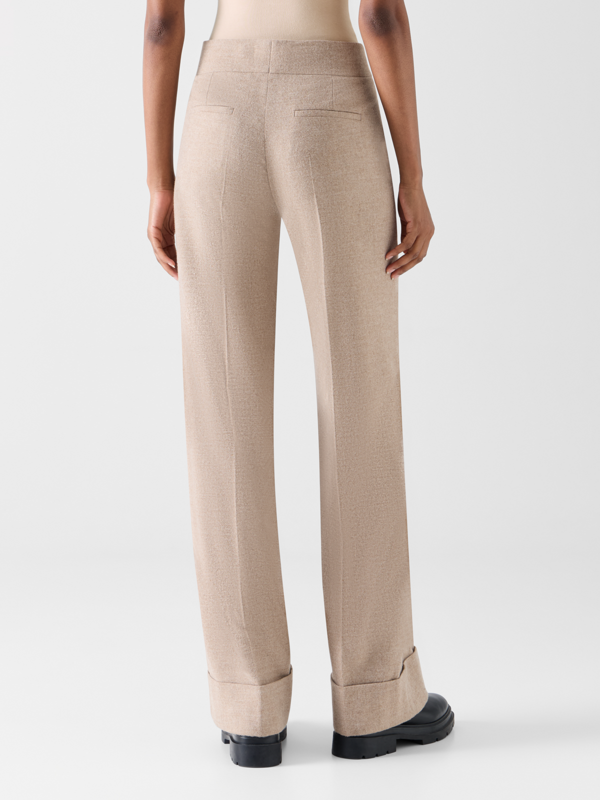 Designer Wide Leg Wool Flannel Pants with High Cuff - beige 