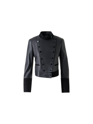 Designer Short Fitted Double-Breasted Leather Jacket - black - neutral
