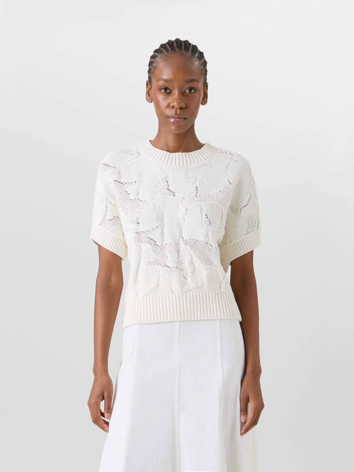 Designer Short-Sleeve Chunky Cotton Ajouré Knit Sweater - ecru #editorial
