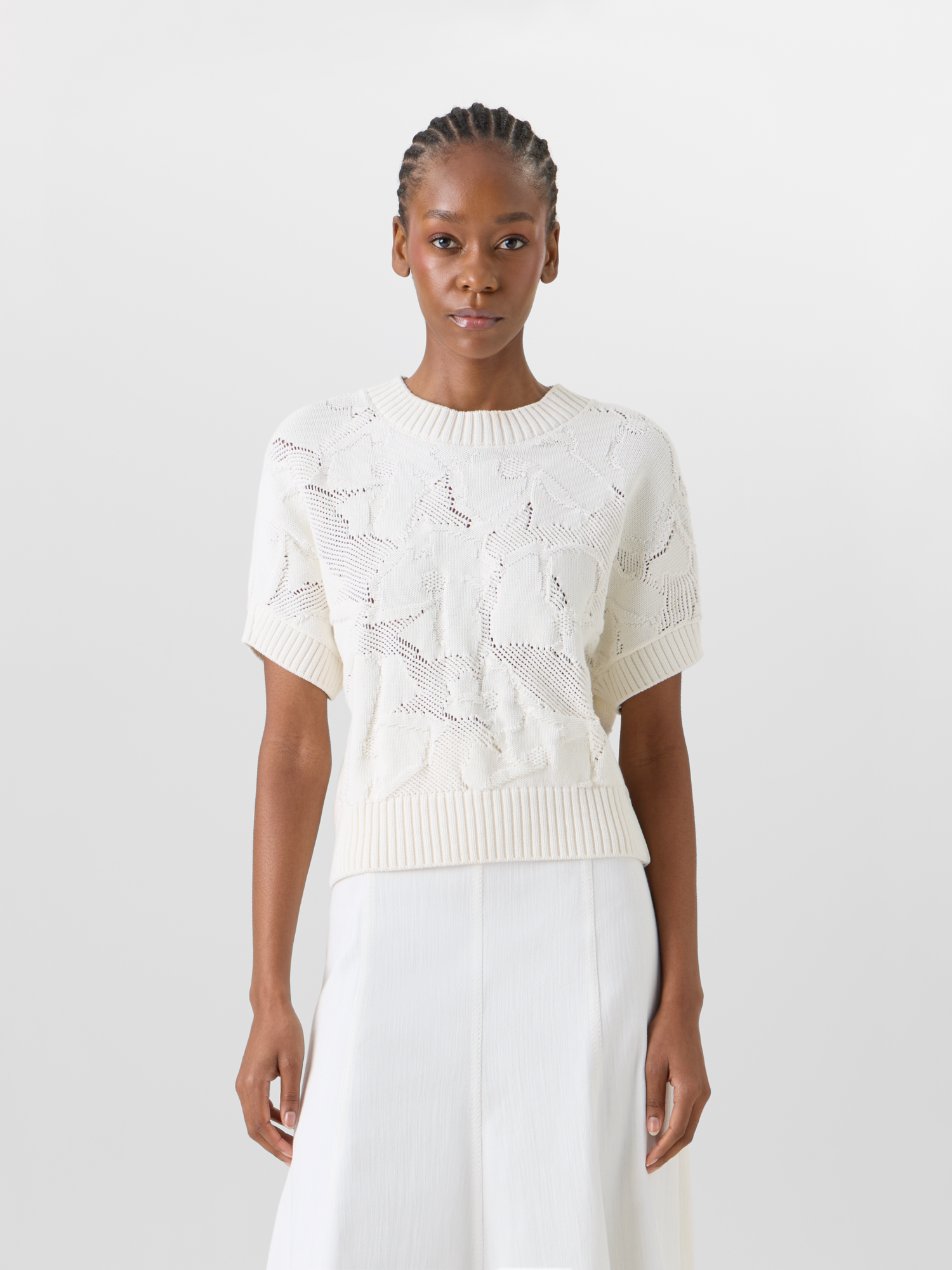 Designer Short-Sleeve Chunky Cotton Ajouré Knit Sweater - ecru 