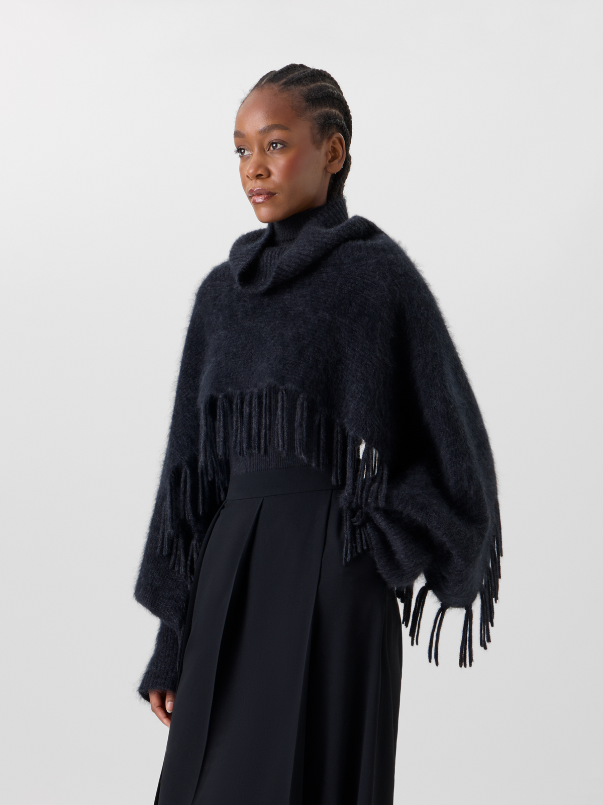 Designer Cloud Cashmere Cape Scarf with Turtleneck and Fringes - grey 