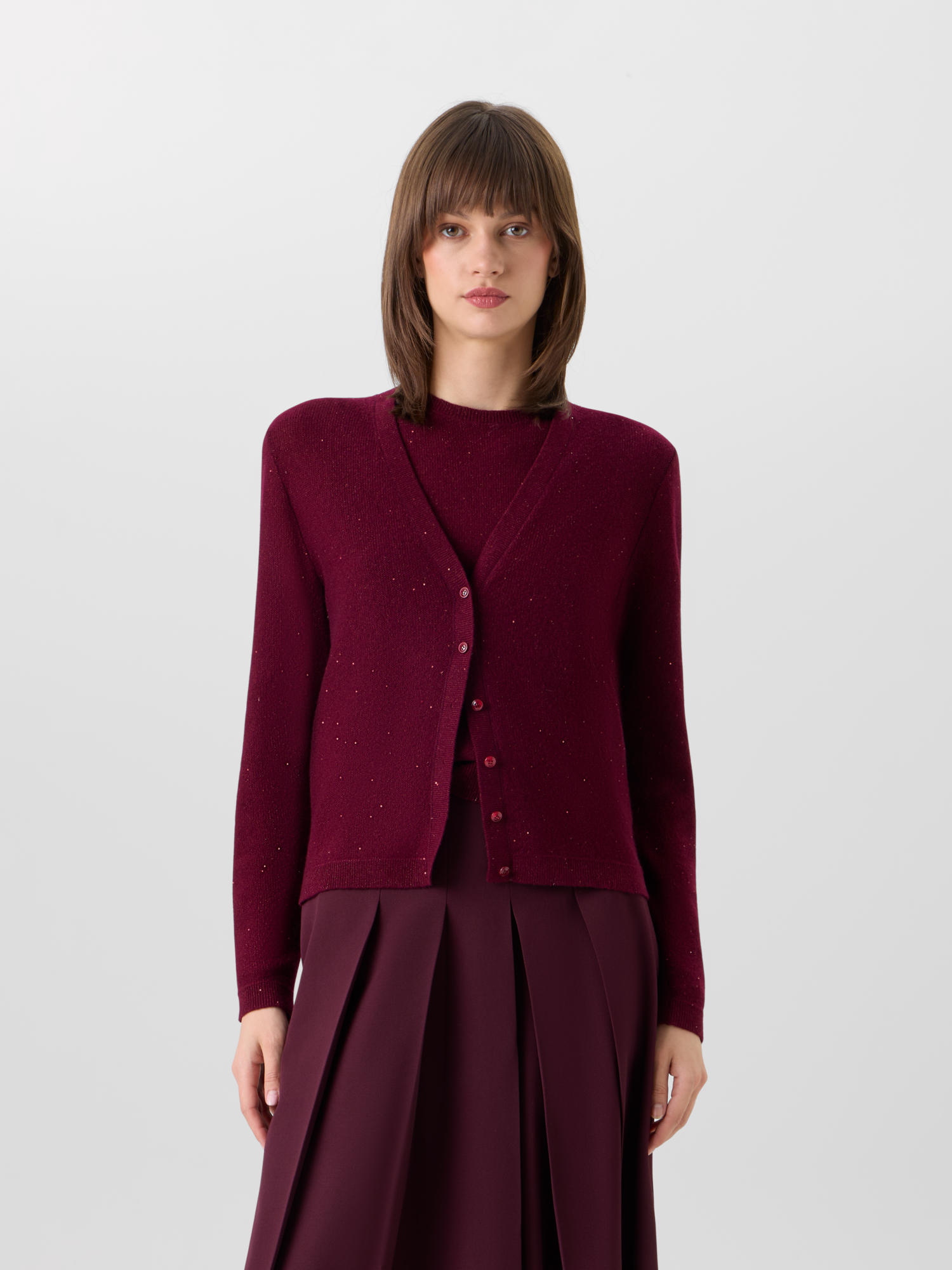 Designer Cashmere Lamé Cardigan with Fine Sequins - red 