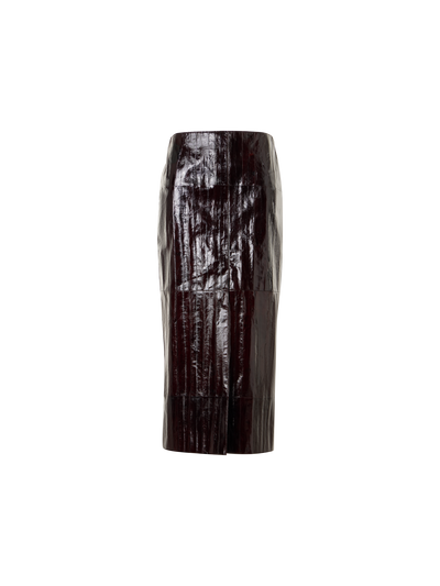 Designer Midi Pencil Skirt in Lacquered Eel Leather - brown