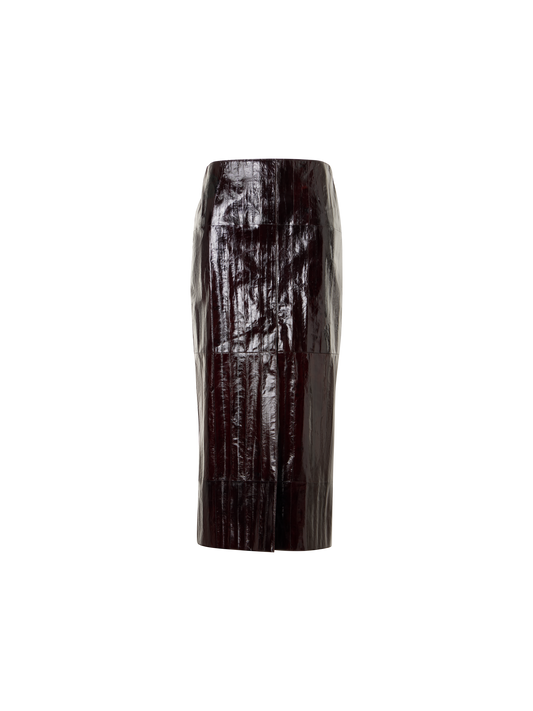 Designer Midi Pencil Skirt in Lacquered Eel Leather - brown