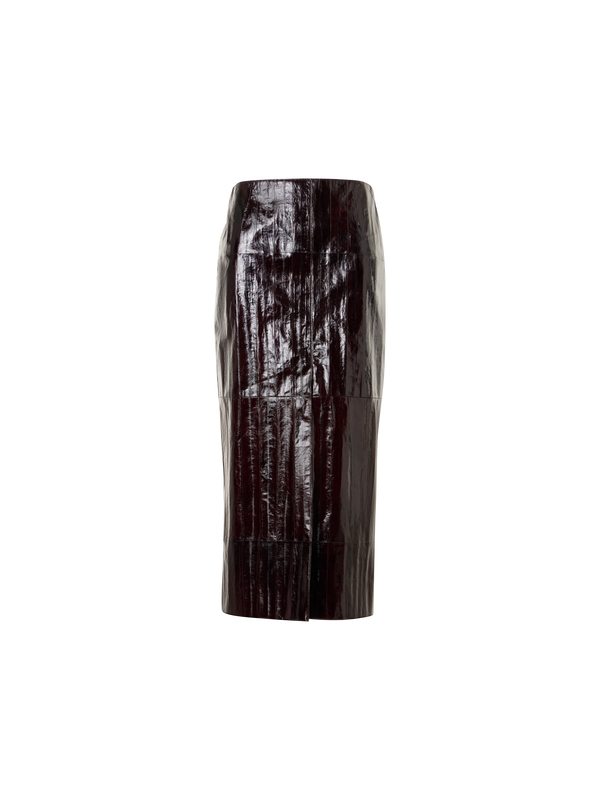 Designer Midi Pencil Skirt in Lacquered Eel Leather - brown