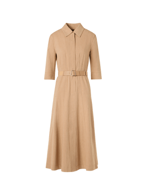 Designer A-Line Cotton-Denim Stretch Midi Dress - beige