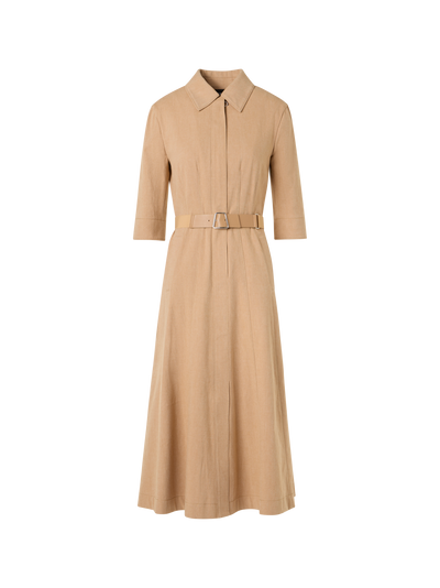 Designer A-Line Cotton-Denim Stretch Midi Dress - beige