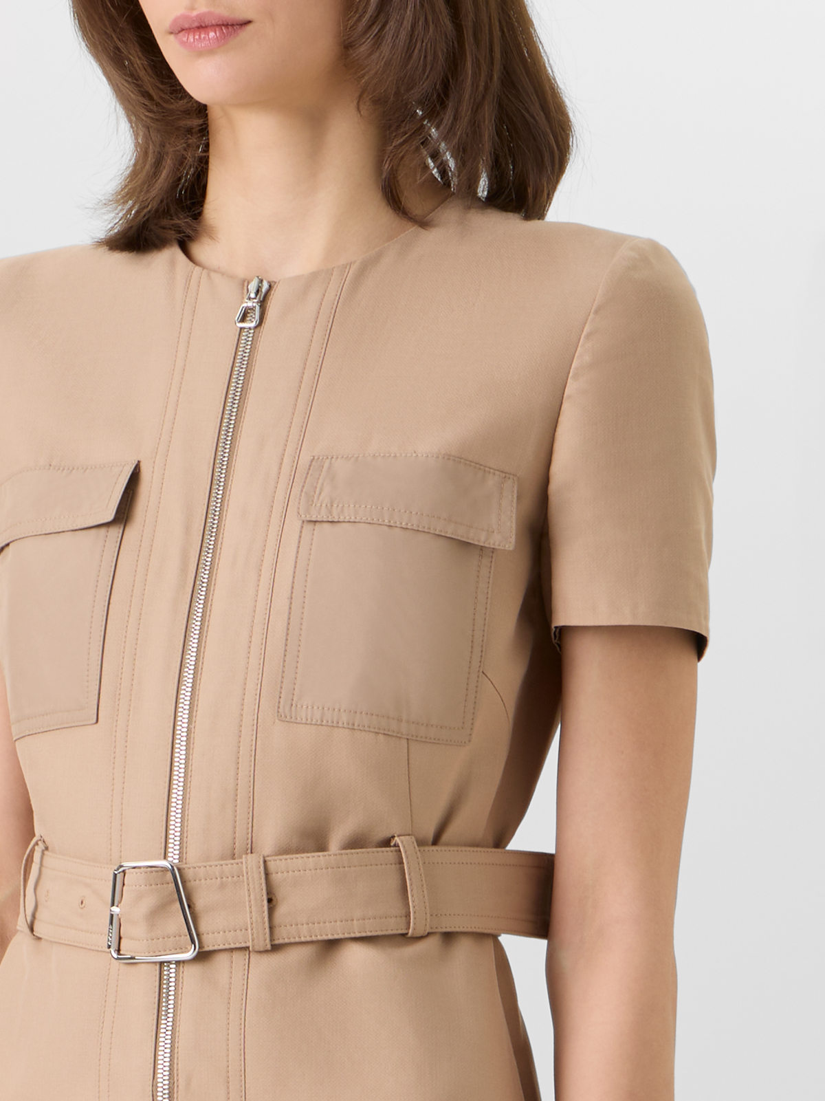 Designer Short-Sleeve Cotton Double-Face Dress - beige #editorial