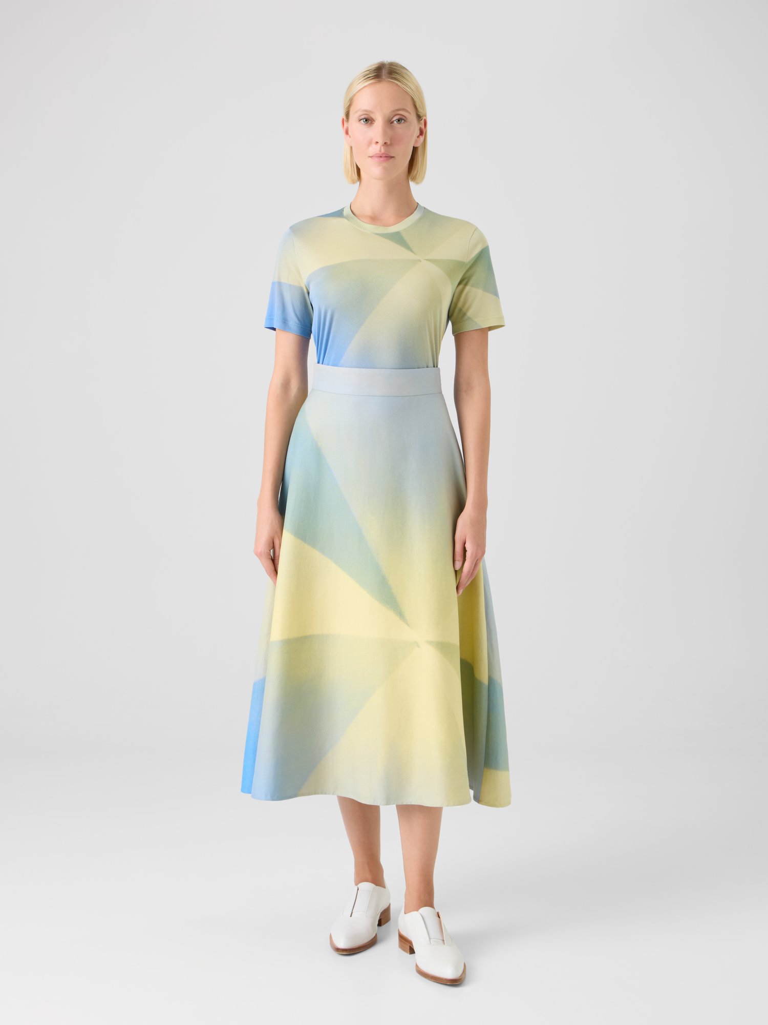 Designer Sunbeam Print Silk Jersey T-Shirt - blue - multicolor - yellow 
