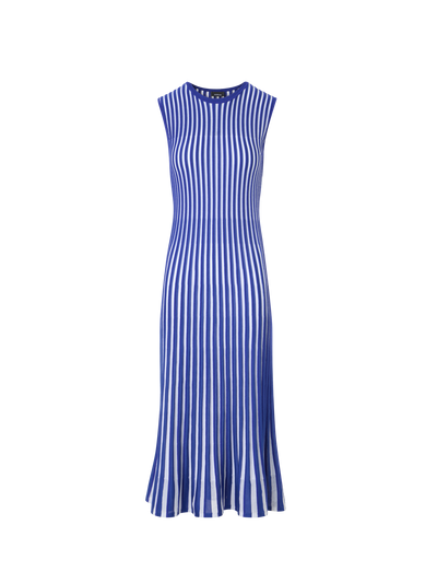 Two Tone Rib Knit Dress with Sheer Shoulders Lapis blue-ecru / 8 Two Tone Rib Knit Dress with Sheer Shoulders Lapis blue-ecru / 8