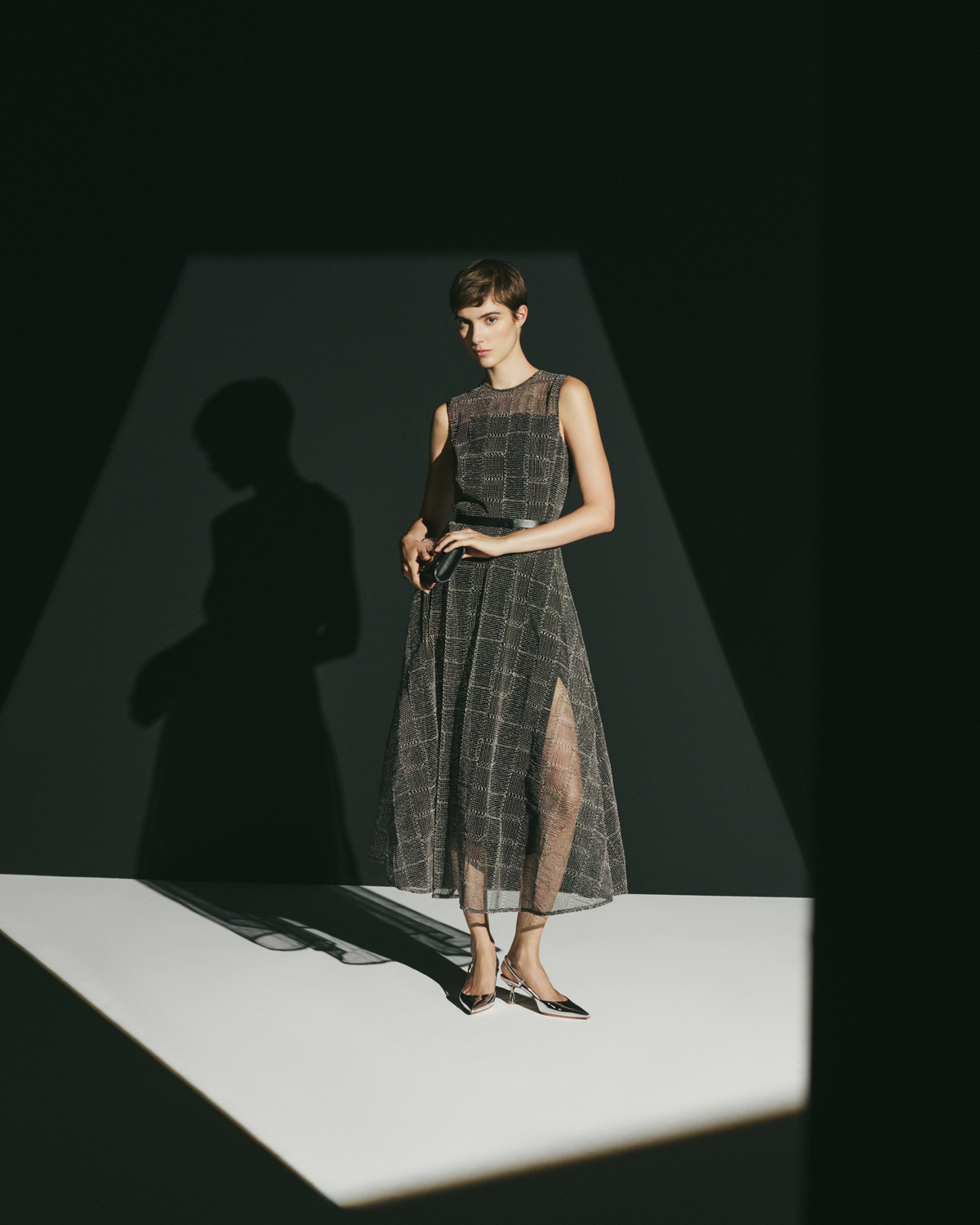 Designer Fit and Flare Squares on Tulle Midi Dress - black #editorial