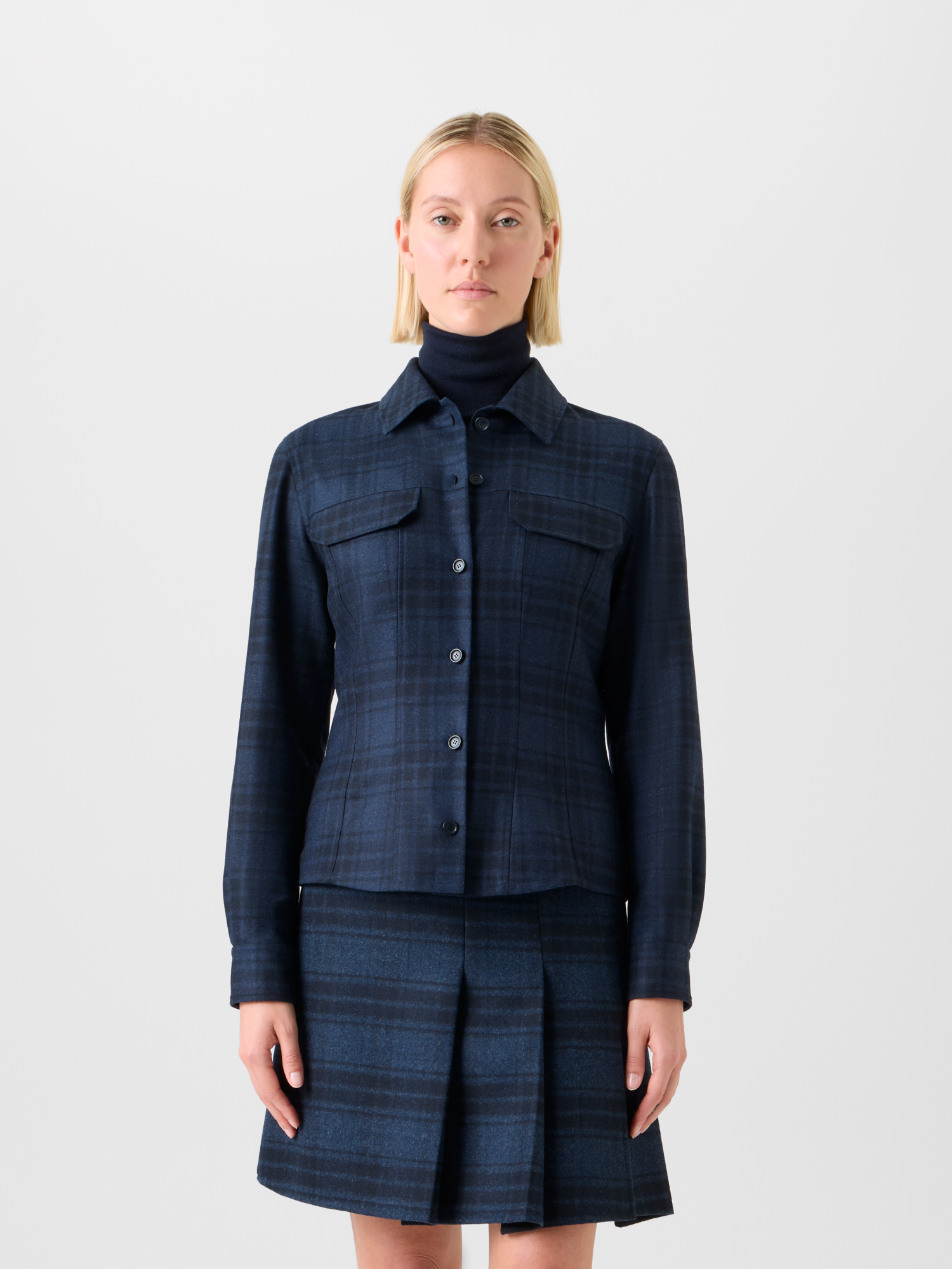 Designer Fitted Wool Flannel Plaid Shirt Blouse - neutral - navy - blue 