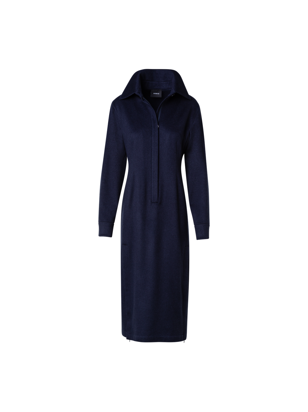 Designer Long Sleeves Cashmere Midi Shirt Dress - navy - blue