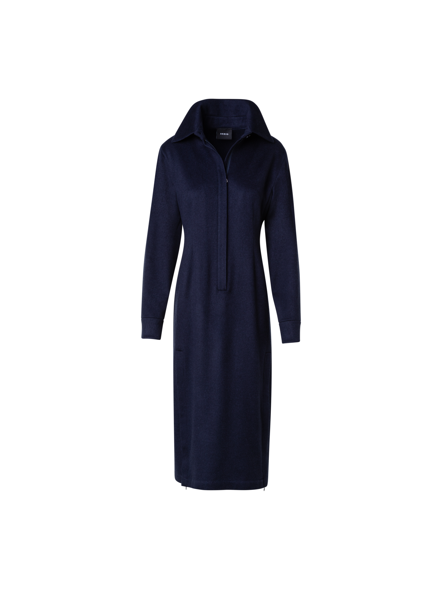 Designer Long Sleeves Cashmere Midi Shirt Dress - navy - blue