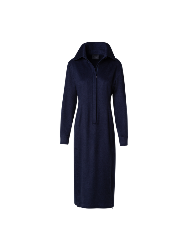 Designer Long Sleeves Cashmere Midi Shirt Dress - navy - blue