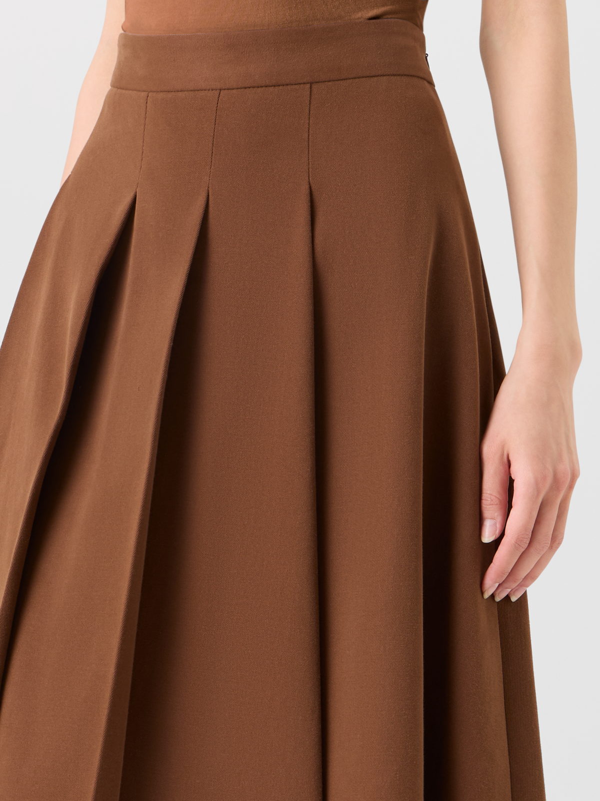 Designer Side Pleated Midi Skirt in Cotton Wool Gabardine - brown #editorial