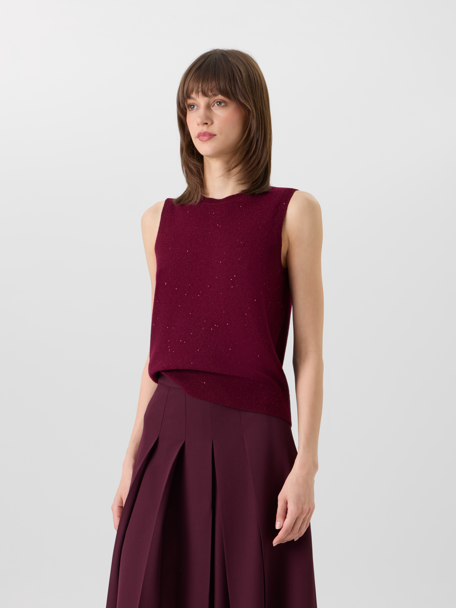 Designer Sleeveless Cashmere Lamé Top with Fine Sequins - wine - red 