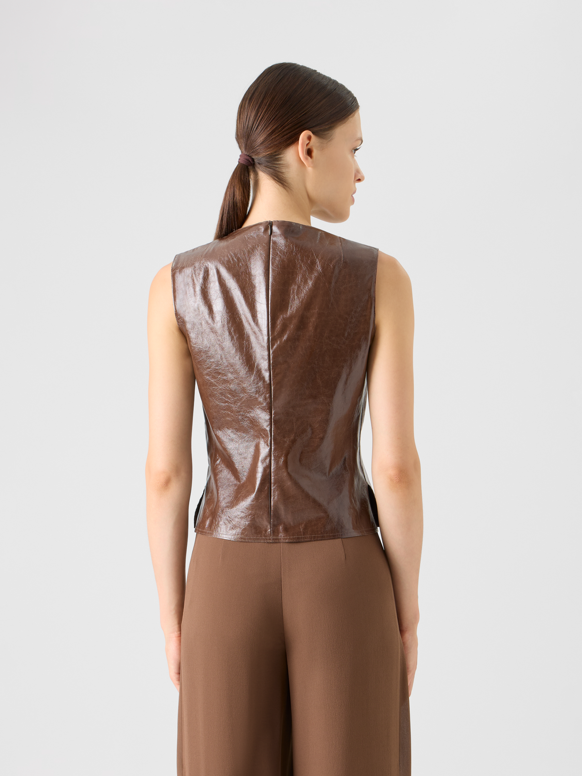 Designer Sleeveless Lacquered Leather Top - brown #editorial
