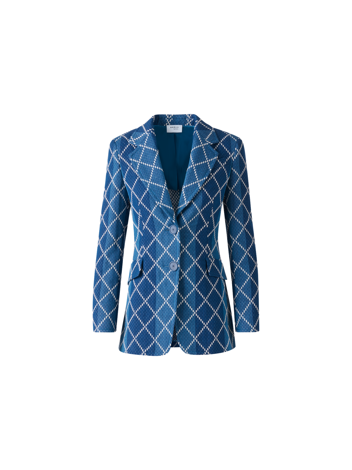 Designer Long Cotton Blazer with Diamond Jacquard - blue - multicolor