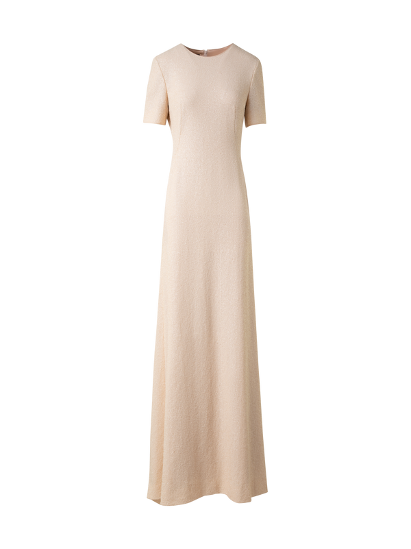 Designer Long Sequined Evening Gown with Short Sleeves - neutral - pastel - beige