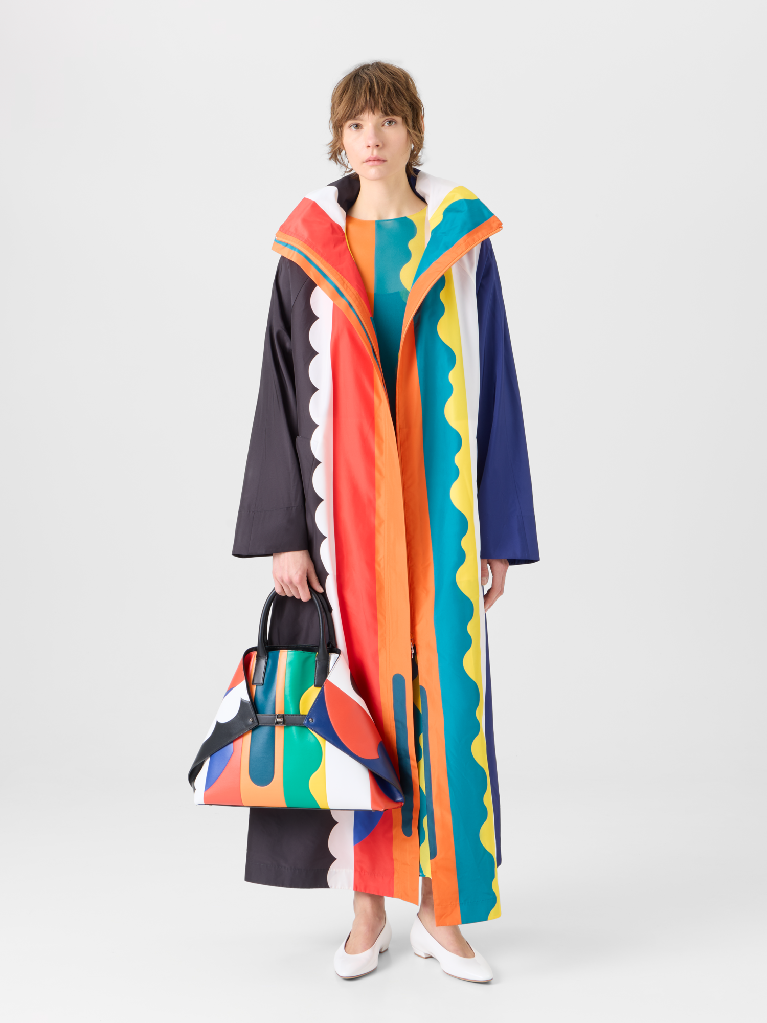 Designer Ivano Taffeta Maxi Coat with Paravent Print - multicolor 