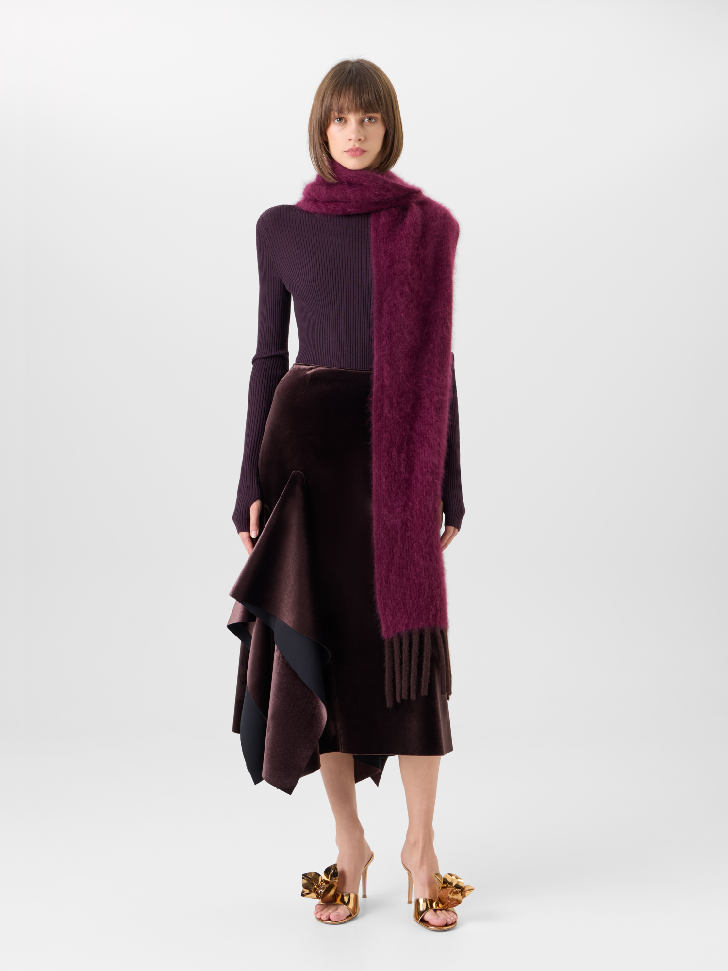 Designer Fringed Cloud Cashmere Bi-Color Scarf - red - brown 