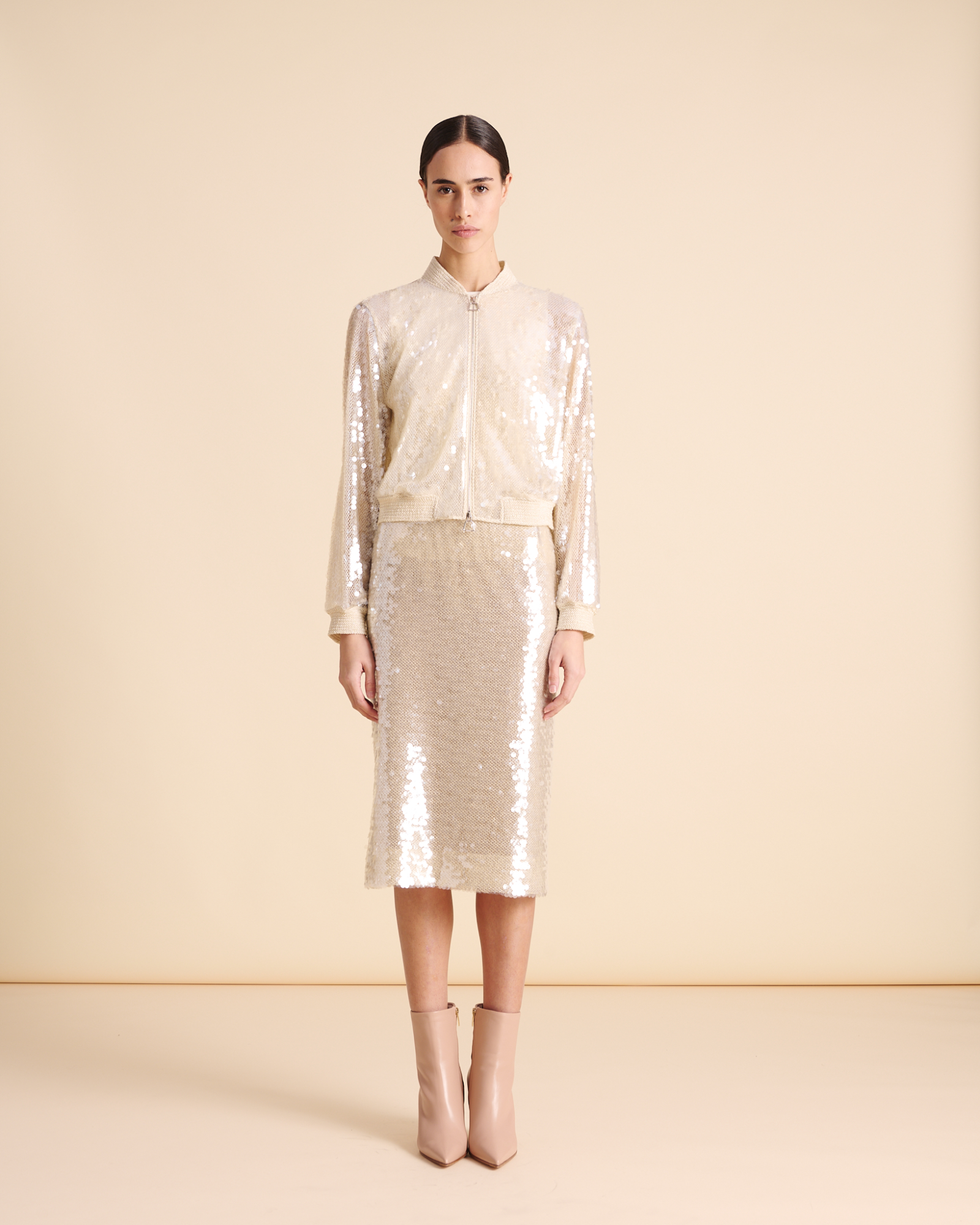 Designer Sequin Bomber Jacket - neutral - ecru - beige - white 