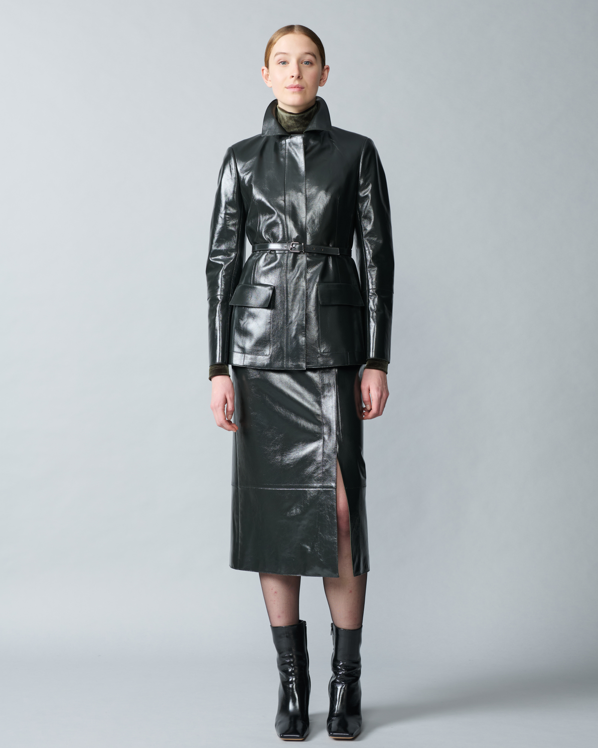 Designer Fitted Lacquer Leather Jacket with Belt - green #editorial