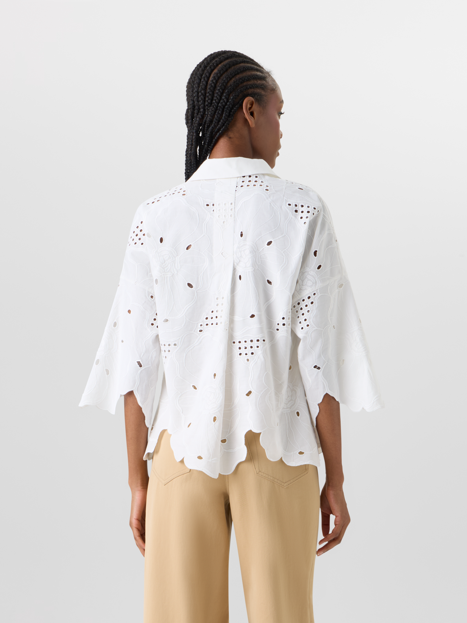 Designer 3/4-Sleeve Flower Eyelet Blouse - white 