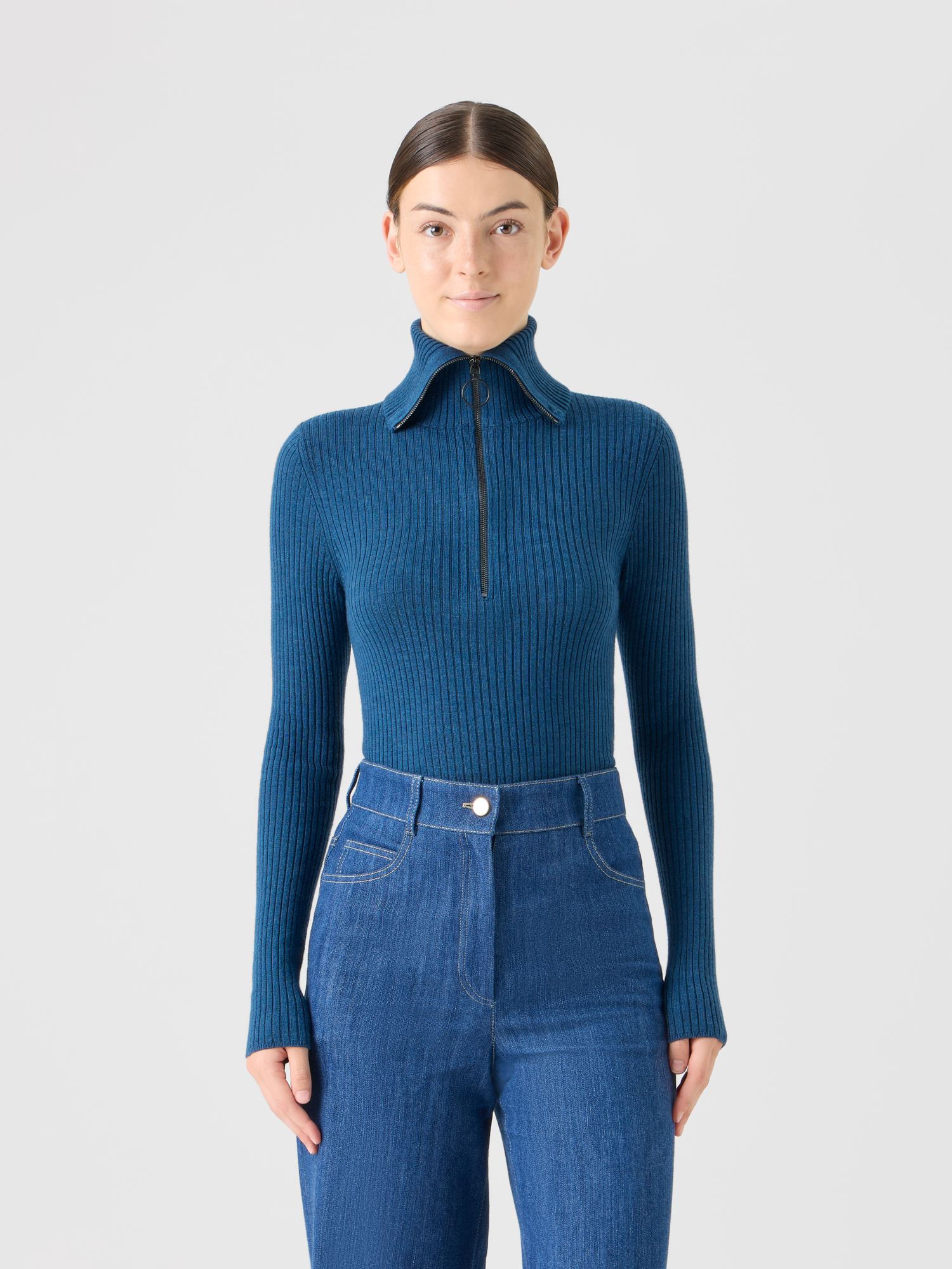 Designer Sailor Collar Merino Wool Rib Half-Zip Sweater - blue 